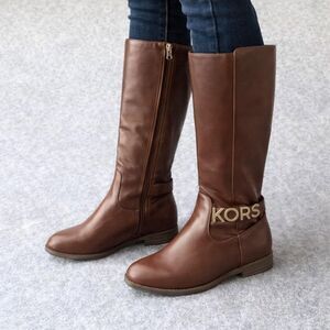 Michael Kors Emma Brown Knee High Riding Boots Gold KORS Logo Womens 4